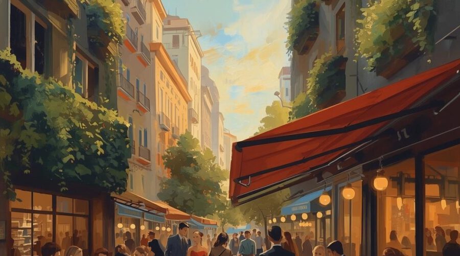 Eine Gasse mit Cafés und Menschen im Abendlicht