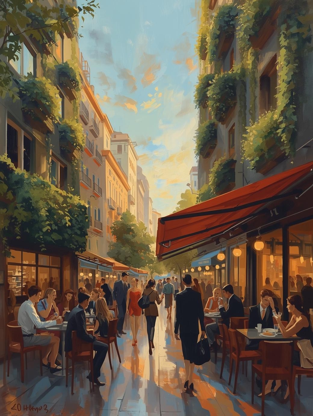 Eine Gasse mit Cafés und Menschen im Abendlicht